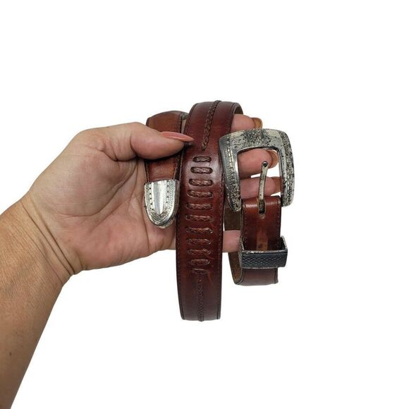 Vtg 90s Mens Cognac Brown Leather Belt Sz 34 Braided Inlay Silver Distressed Buc - Picture 16 of 16